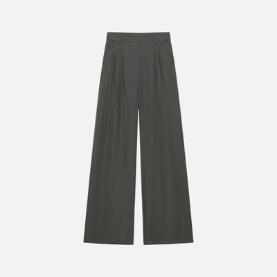 Calças pantalona fluidas cinzentas da GRINE com corte largo, cintura subida e tecido de poliéster e elastano.