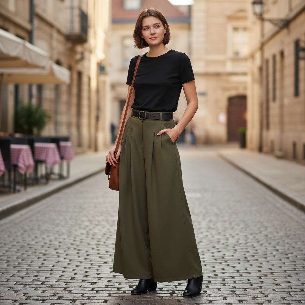 Modelo GRINE veste calças pantalonas verde militar de perna larga com cintura elástica em rua de paralelepípedos.