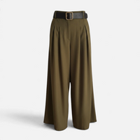 Calças pantalonas GRINE verde militar com perna larga, cintura elástica e cinto preto incluído.