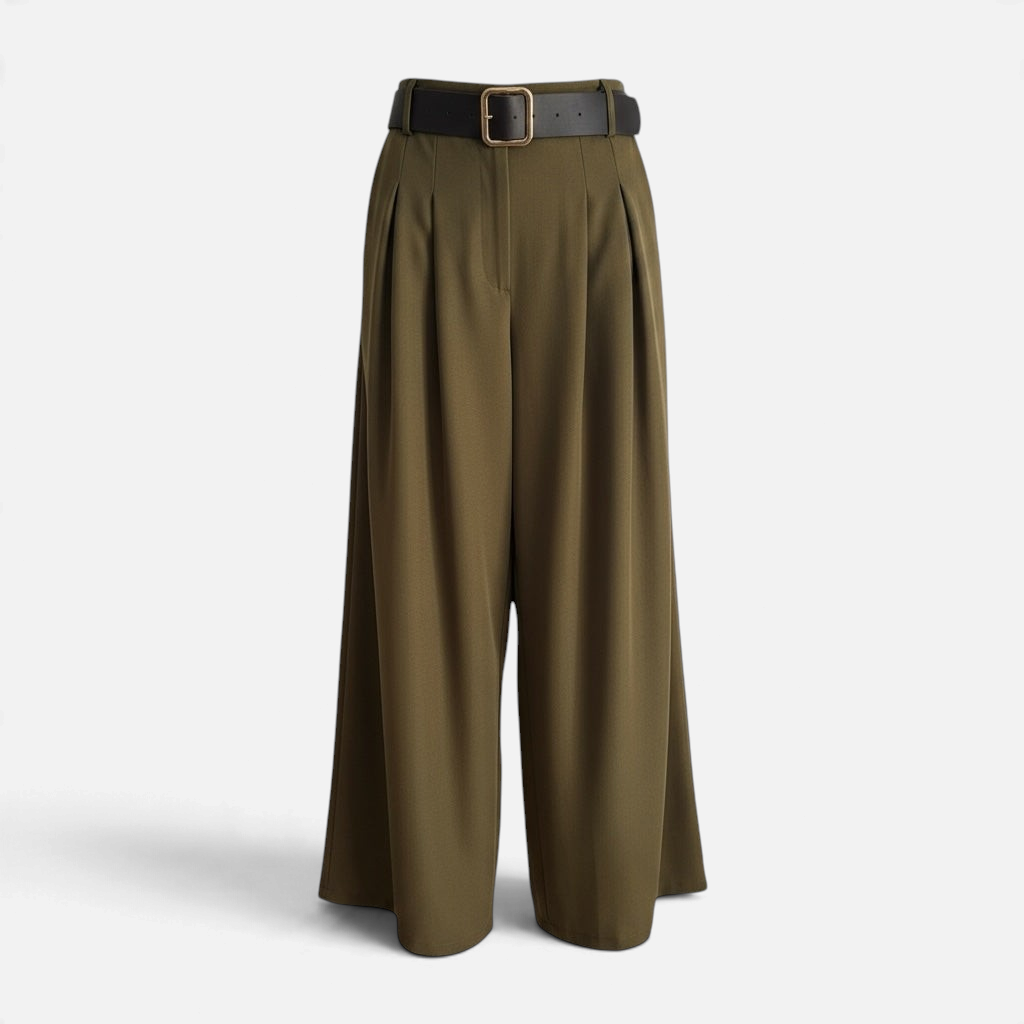 Calças pantalonas GRINE verde militar com perna larga, cintura elástica e cinto preto incluído.