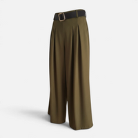 Calças pantalonas GRINE verde militar com perna larga, cintura elástica e cinto preto com fivela dourada