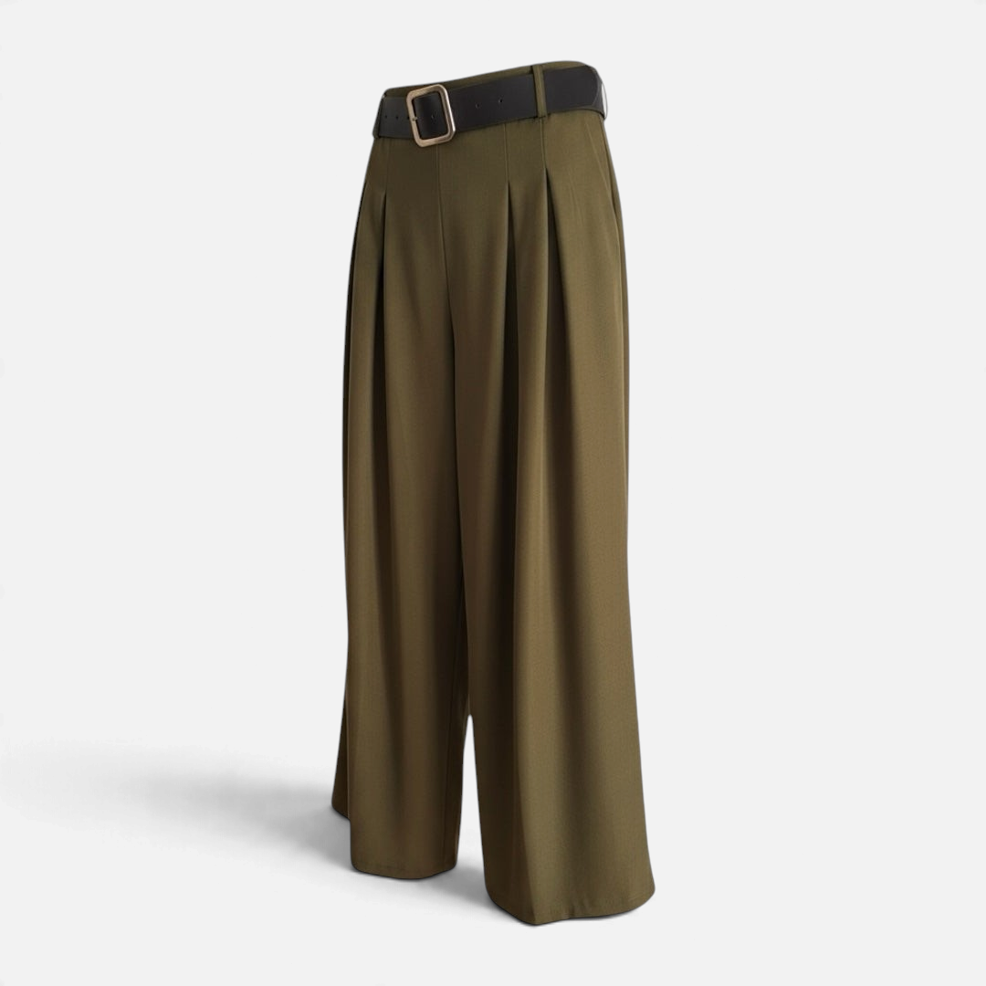 Calças pantalonas GRINE verde militar com perna larga, cintura elástica e cinto incluído em tecido fluido
