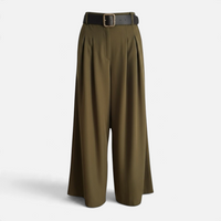 Calças pantalonas GRINE verde militar de perna larga com cintura elástica e cinto preto incluído