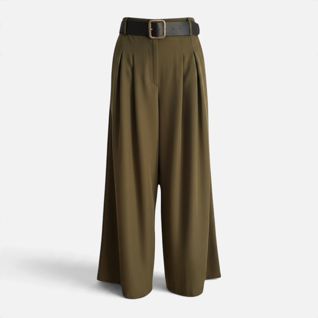 Calças pantalonas GRINE verde militar de perna larga com cintura elástica e cinto preto incluído