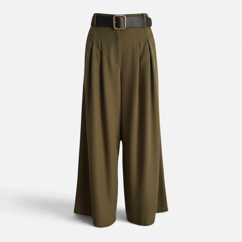 Calças pantalonas GRINE verde militar de perna larga com cintura elástica e cinto preto incluído