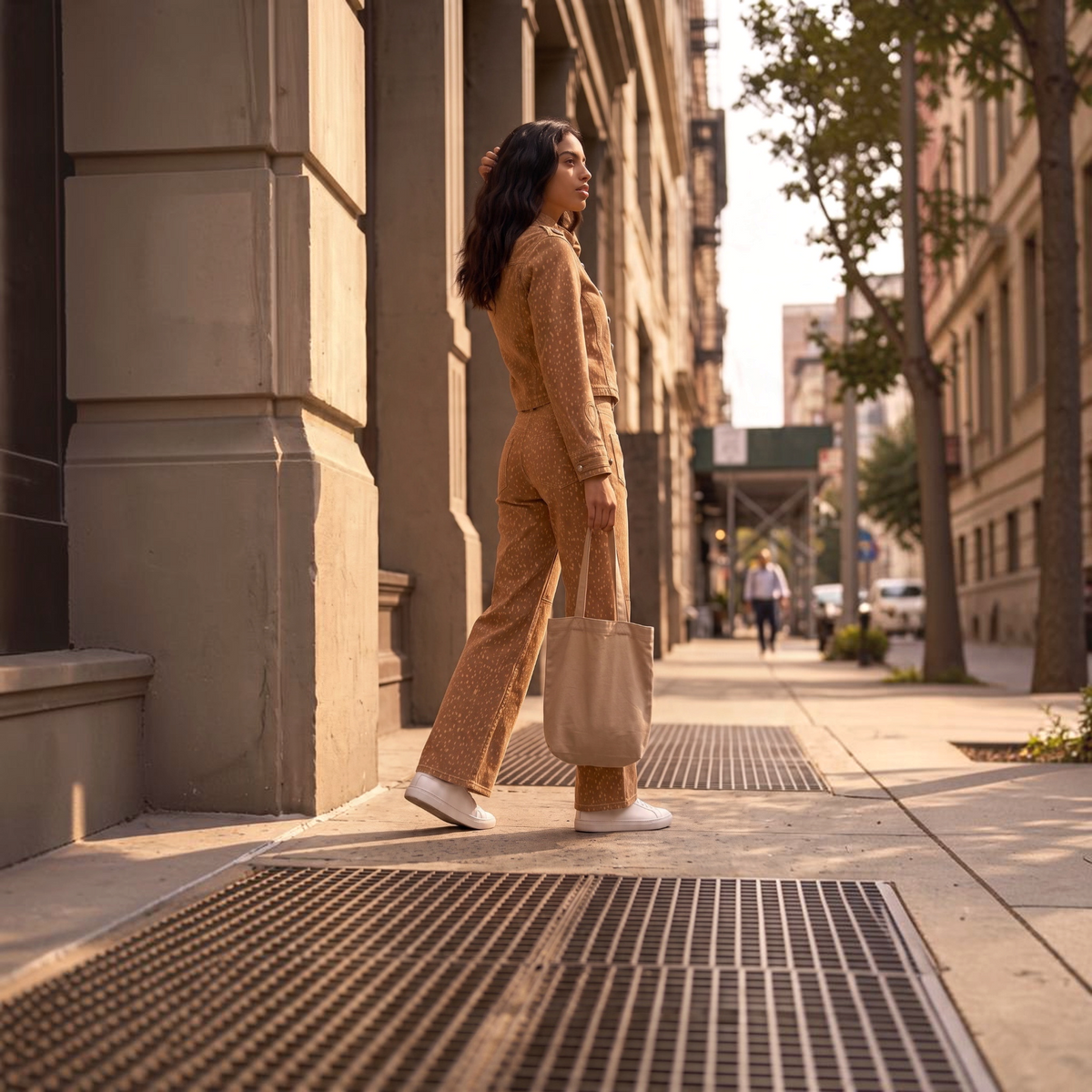 Modelo GRINE veste calças wide leg camel com estampado Bambi e casaco a condizer em passeio urbano ao pôr do sol.