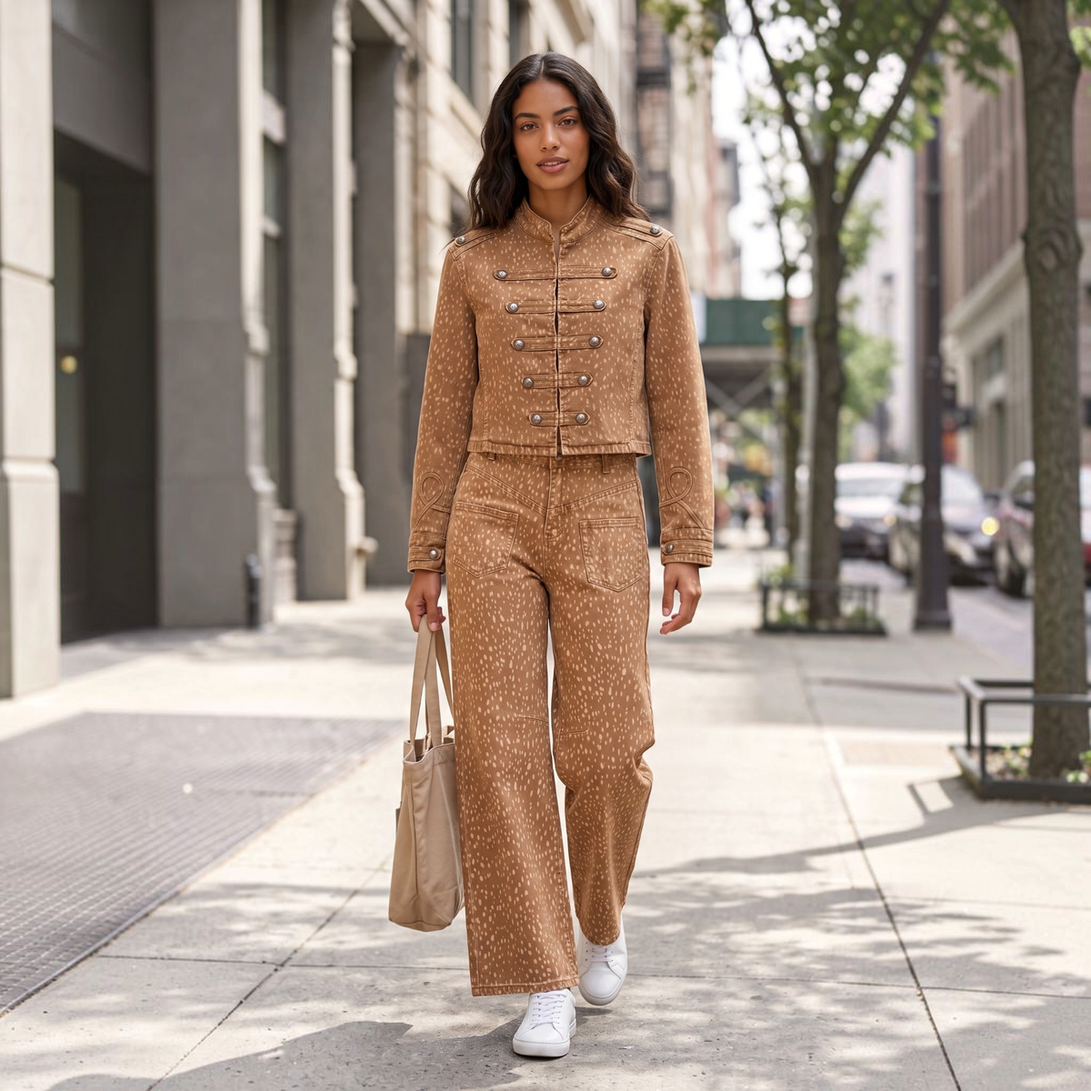 Modelo GRINE veste calças wide leg camel com estampado Bambi e casaco a condizer em ambiente urbano