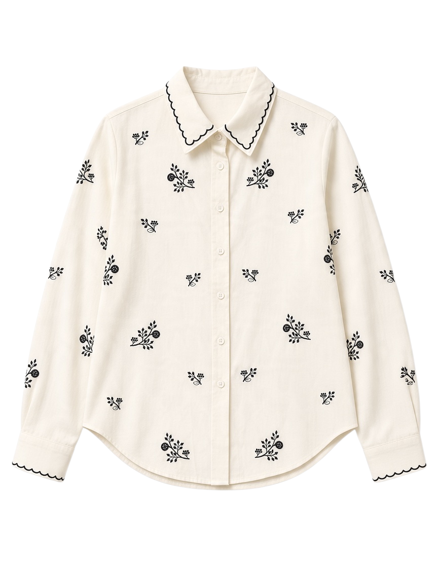 Camisa GRINE branca em algodão com delicados bordados florais pretos e gola com acabamento festonado