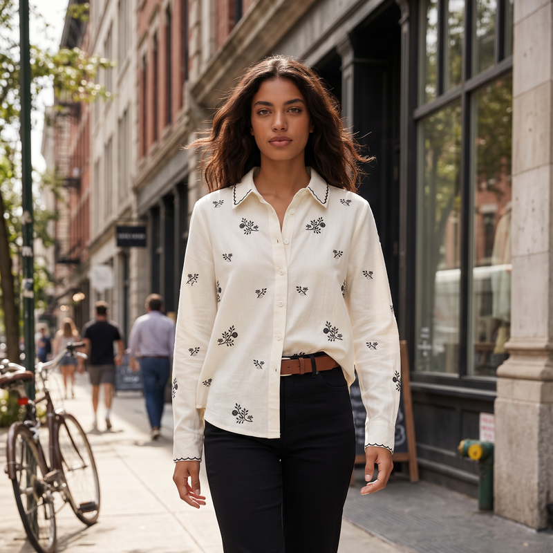 Modelo veste camisa branca GRINE em algodão com delicados bordados pretos em ambiente urbano
