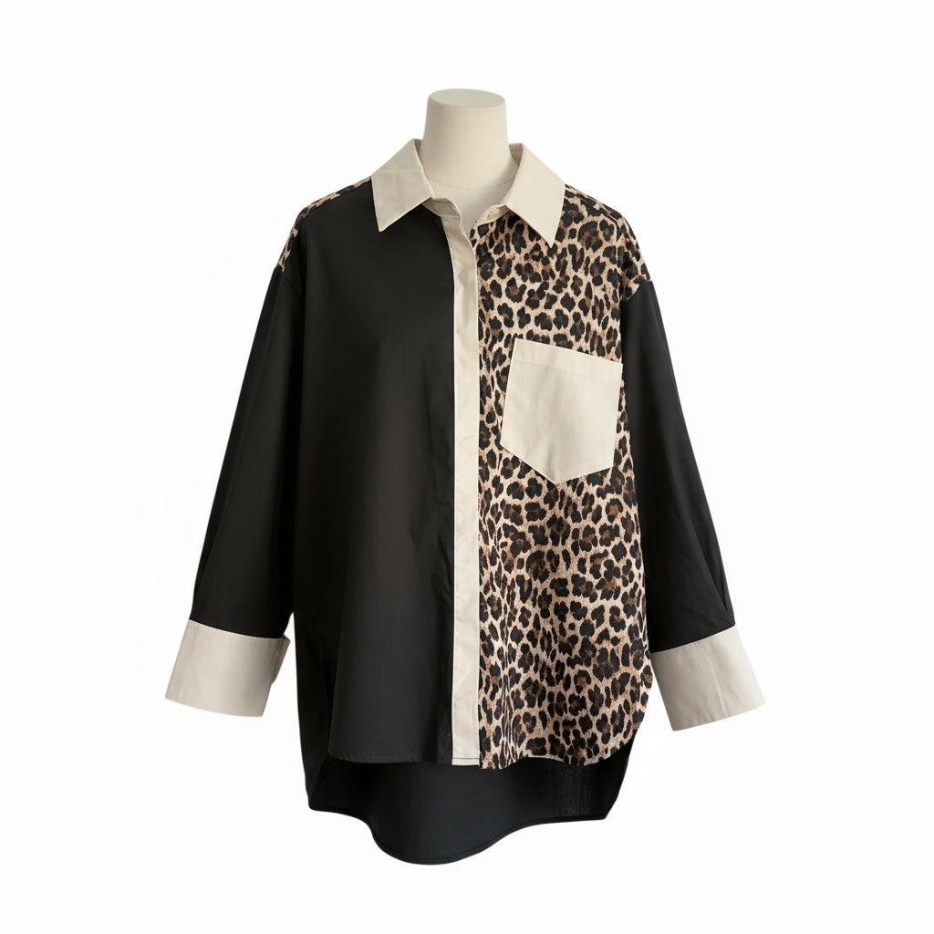 Camisa larga GRINE em algodão com padrão animal print, painéis pretos e detalhes em bege, corte amplo e moderno.