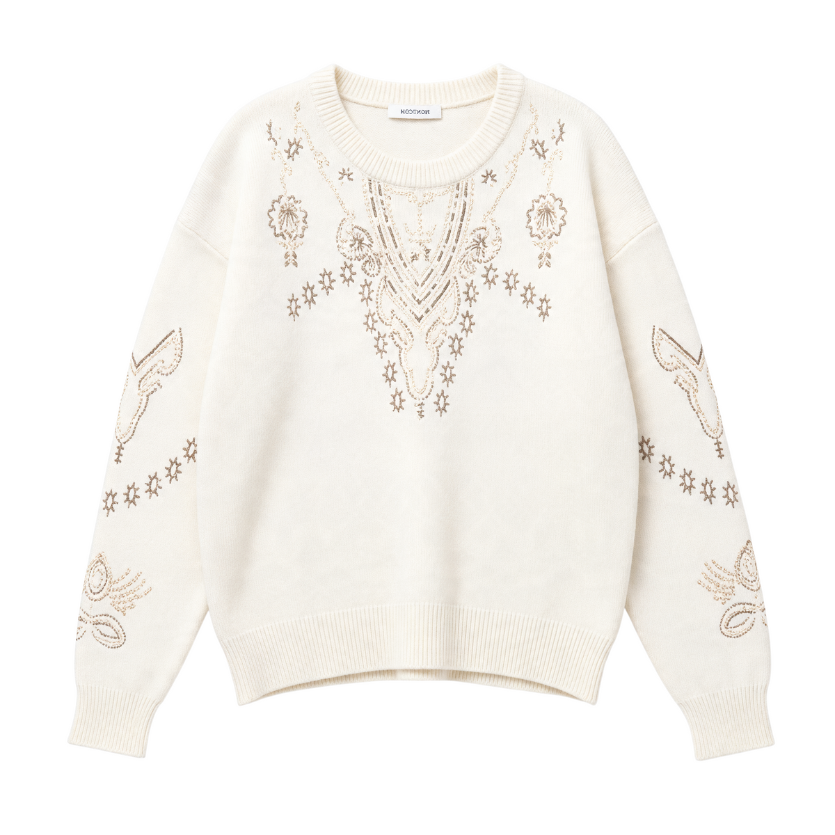 Camisola de malha GRINE Eda cor pérola com gola redonda, manga comprida e detalhes decorativos de lantejoulas.