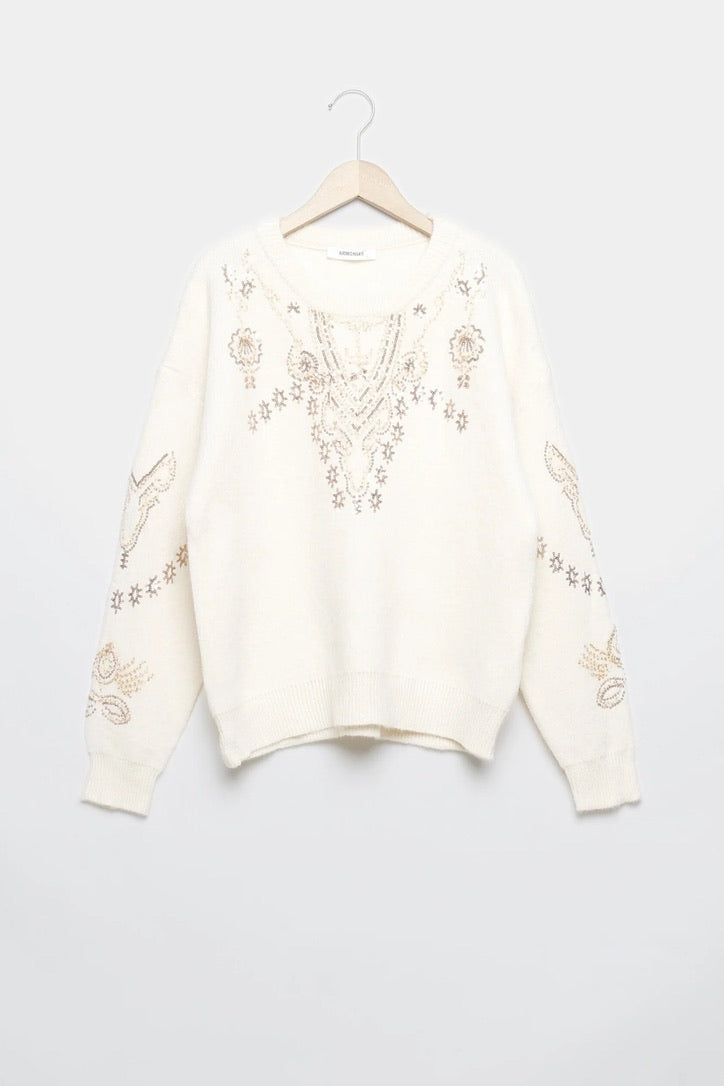 Camisola de malha GRINE Eda cor pérola com gola redonda, manga comprida e detalhes decorativos em lantejoulas