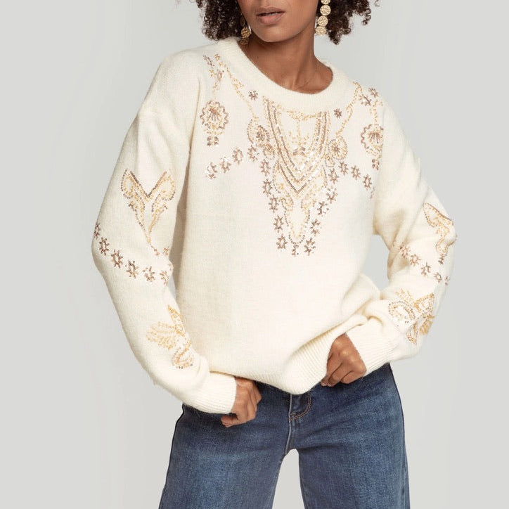 Camisola de malha GRINE Eda cor pérola com gola redonda, manga comprida e detalhes decorativos em lantejoulas