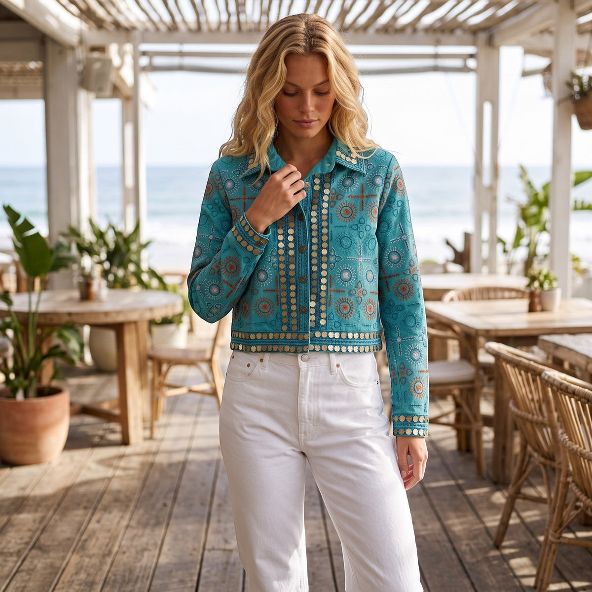 Modelo veste casaco GRINE boho chic turquesa com bordados étnicos e medalhas espelhadas em ambiente de praia.