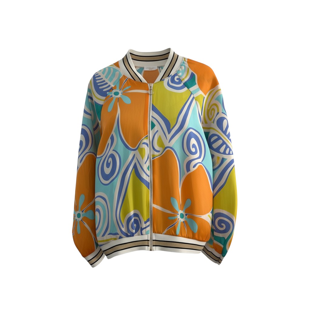 GRINE casaco bomber de viscose estampado com padrão floral abstrato em laranja, azul e verde. Gola, punhos e cós com riscas douradas.