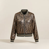 Casaco bomber GRINE com estampa de leopardo metálica, gola e punhos canelados e fecho de correr prateado.