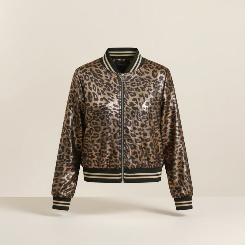 Casaco bomber GRINE com estampa de leopardo metálica, gola e punhos canelados e fecho de correr prateado.