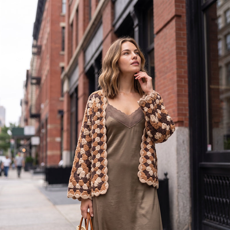 Modelo veste casaco de croché hexagonal GRINE castanho de corte curto sobre vestido acetinado em ambiente urbano