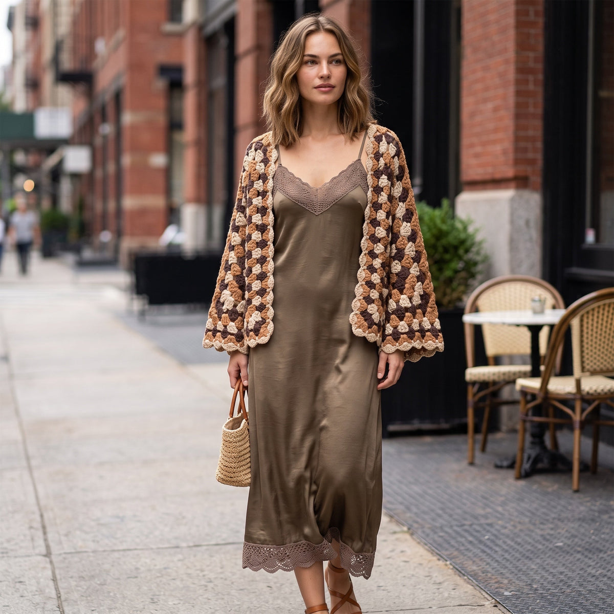 Modelo veste casaco de croché hexagonal GRINE em tons castanhos sobre vestido acetinado em ambiente urbano