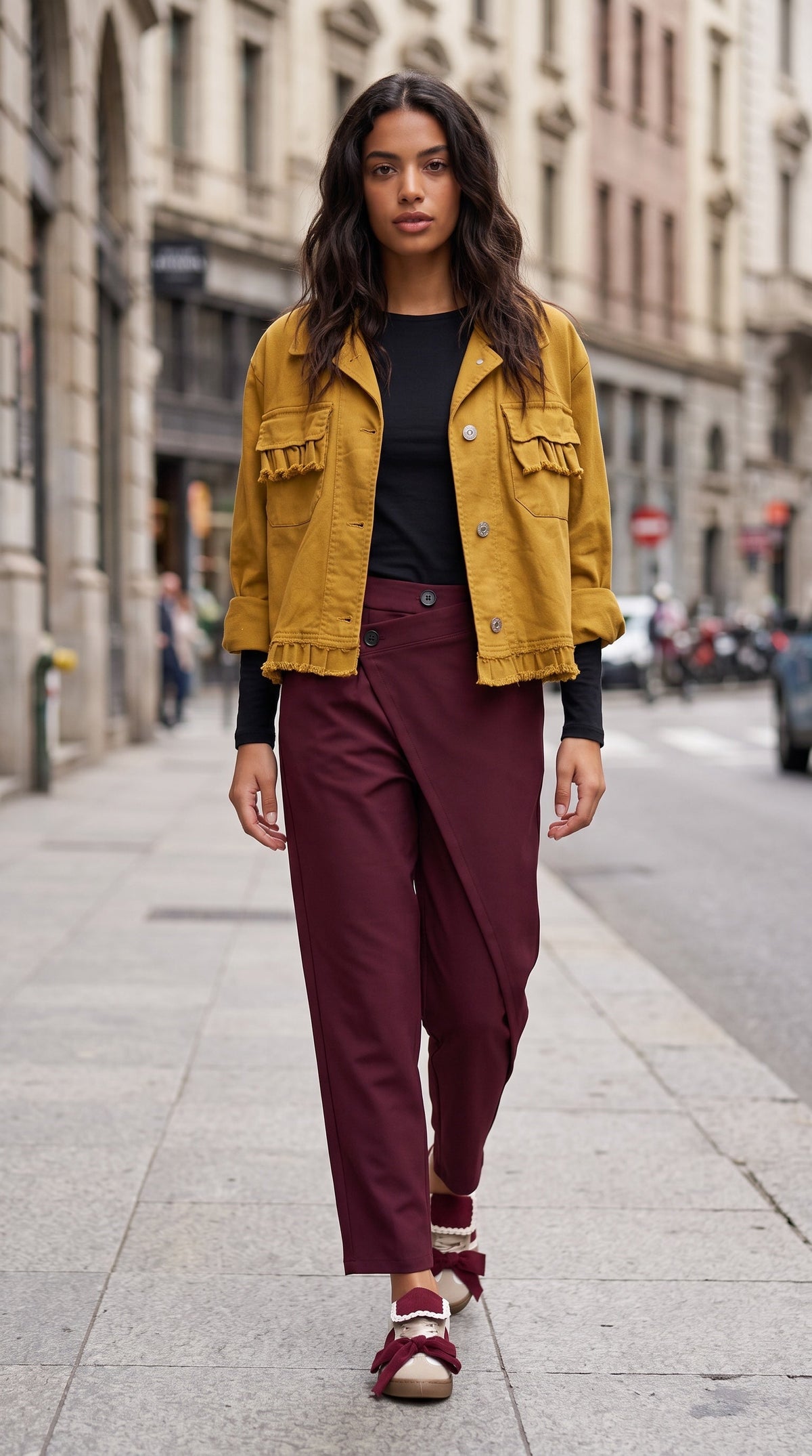 Modelo veste casaco GRINE curto amarelo mostarda em sarja com bolsos de folhos e bainha desfiada em ambiente urbano.