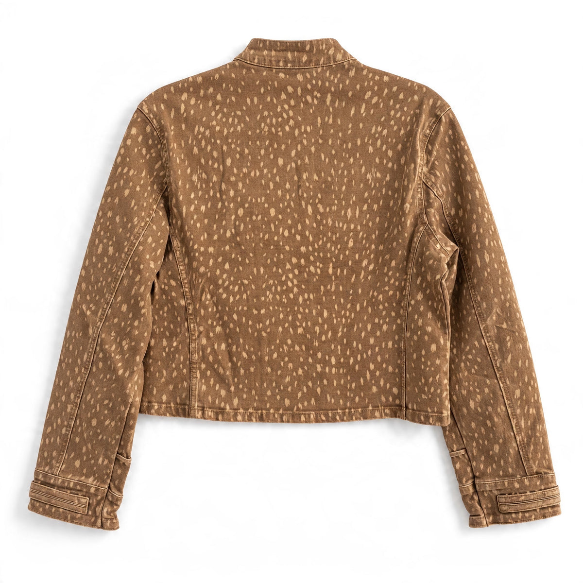 Casaco curto GRINE em ganga camel com estampado Bambi de pintas brancas, vista traseira sobre fundo branco.