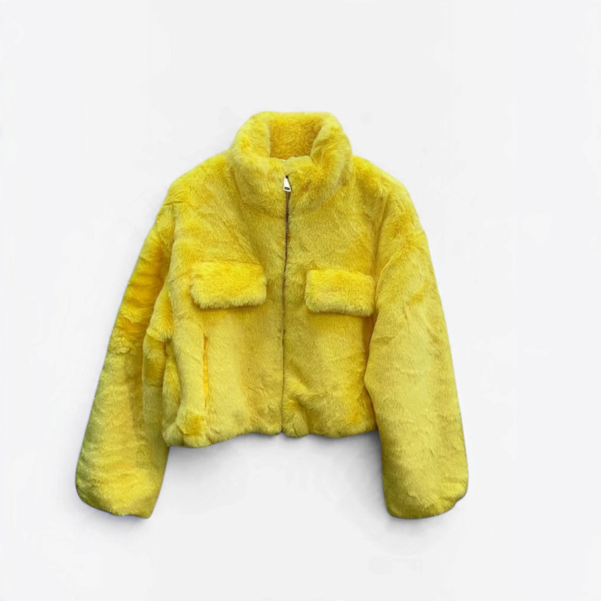 Casaco curto de pêlo amarelo GRINE com fecho frontal, bolsos e textura ultra suave em poliéster.