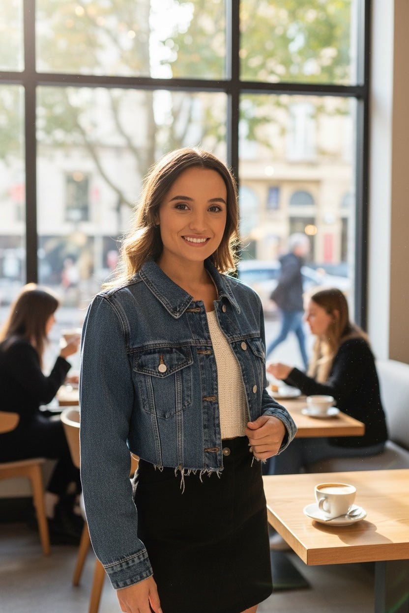 Modelo sorridente veste casaco de ganga curto azul da GRINE com gola de camisa e bolsos, num ambiente de café.
