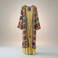 GRINE Casaco/kimono comprido de crochet com padrão floral colorido, ponto aberto, mangas compridas e decote em V.