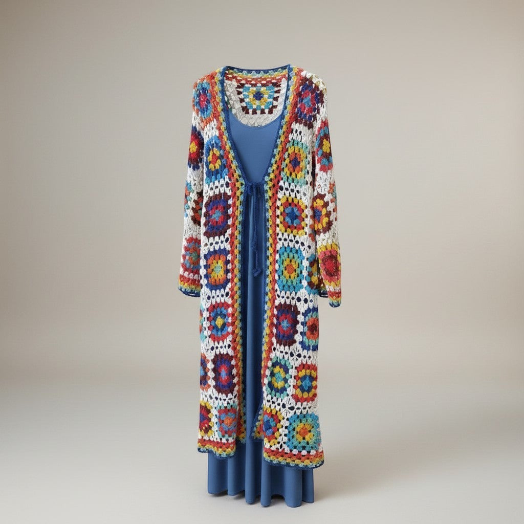 Casaco/kimono comprido de crochet GRINE em multicor com padrão de quadrados, com atilho à frente e mangas compridas.