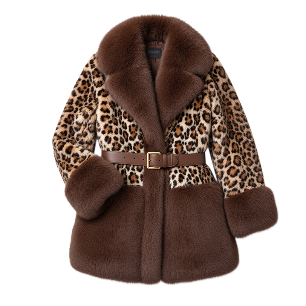 Casaco GRINE Royal Chic com padrão de leopardo e detalhes em pêlo castanho, incluindo cinto ajustável.