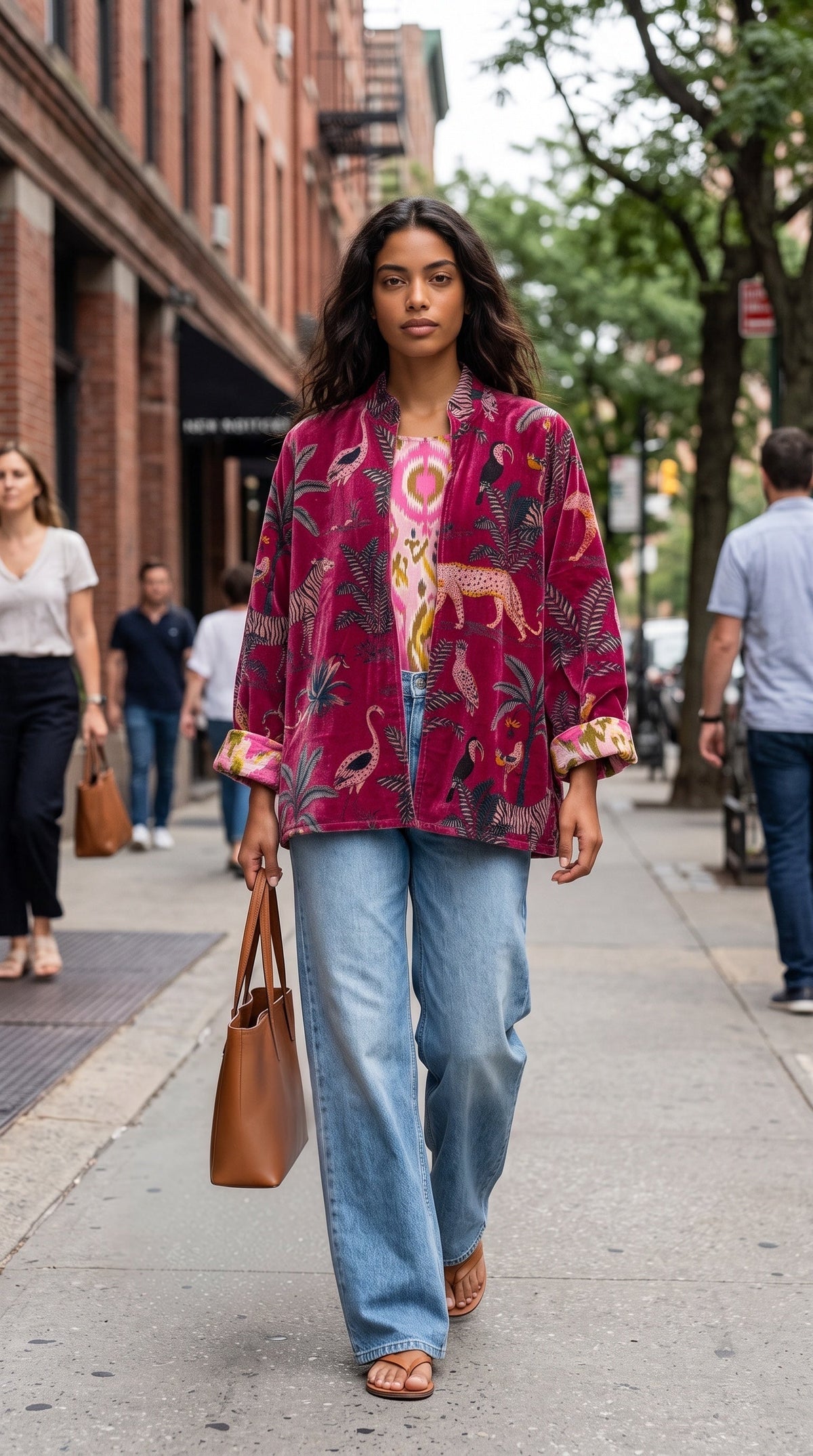 Modelo veste casaco GRINE de veludo magenta com bordados florais e animais, estilo boémio, em passeio urbano.