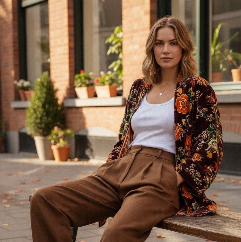 Modelo veste casaco GRINE de veludo 100% algodão com padrão floral botânico em tons quentes, estilo boémio.