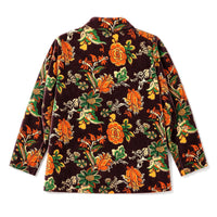 Casaco GRINE de veludo 100% algodão com padrão floral e botânico colorido em fundo castanho, estilo boémio