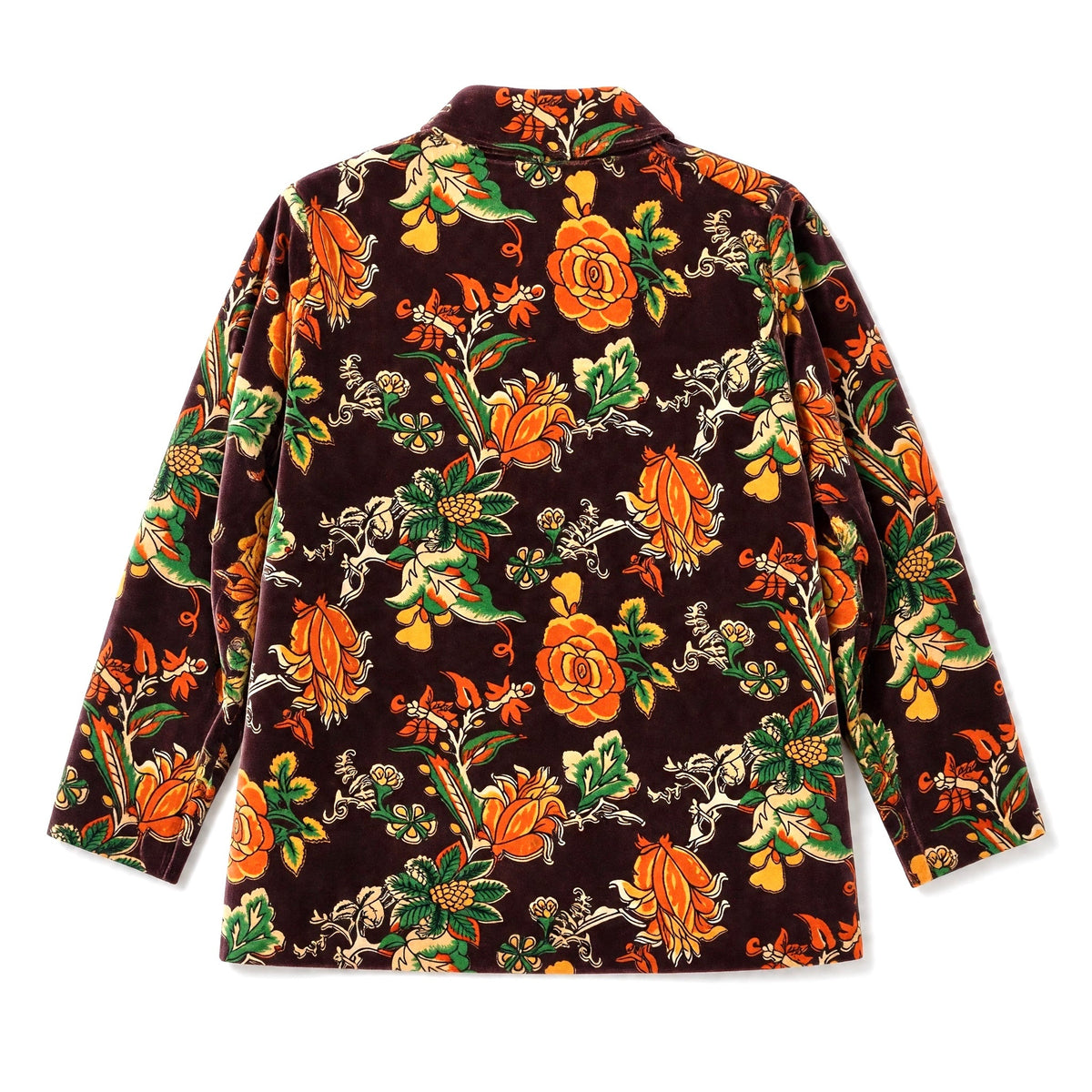 Casaco GRINE de veludo 100% algodão com padrão floral e botânico colorido em fundo castanho, estilo boémio
