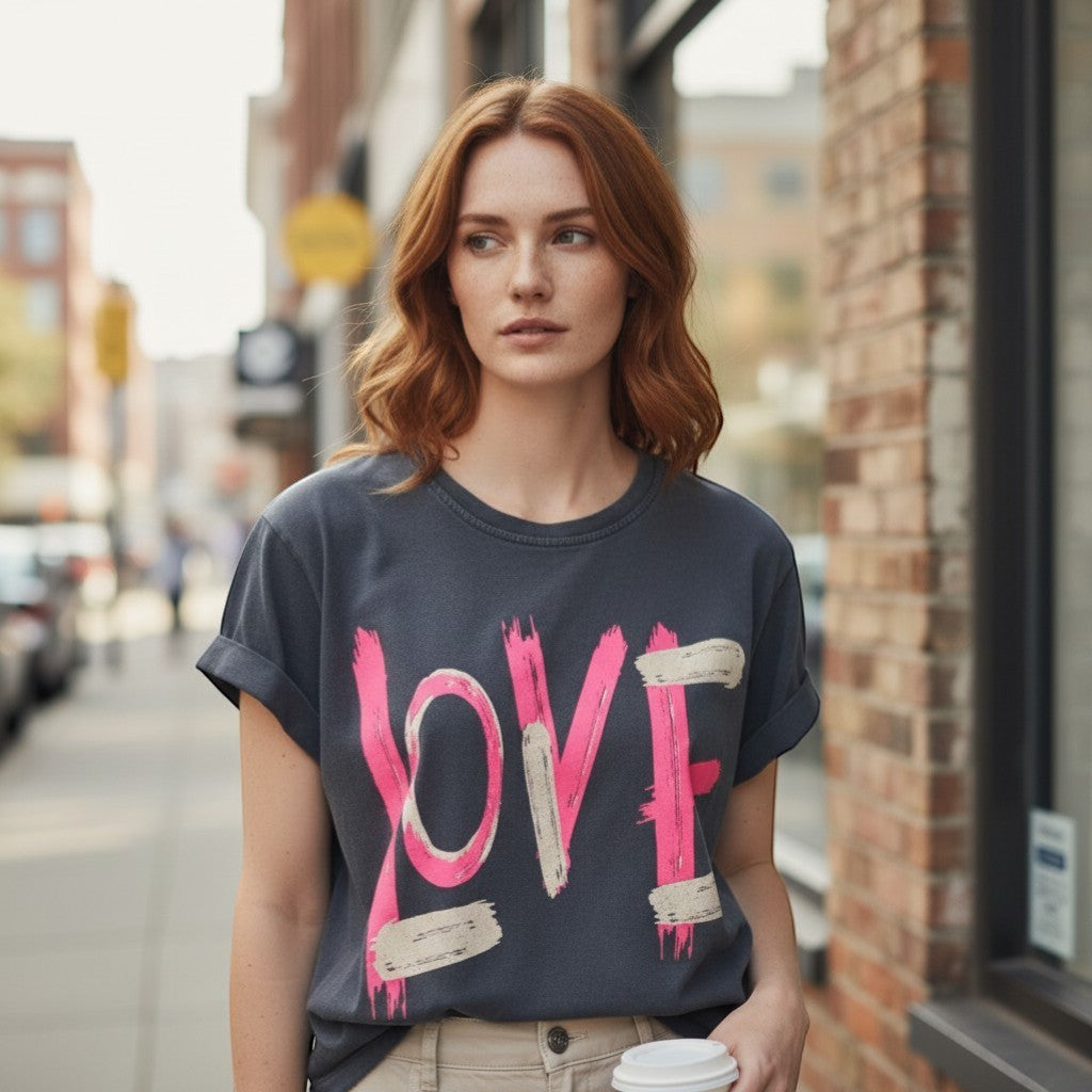 GRINE charcoal grey cotton t-shirt with pink and beige 'LOVE' graphic print, short sleeves, and rolled cuffs.