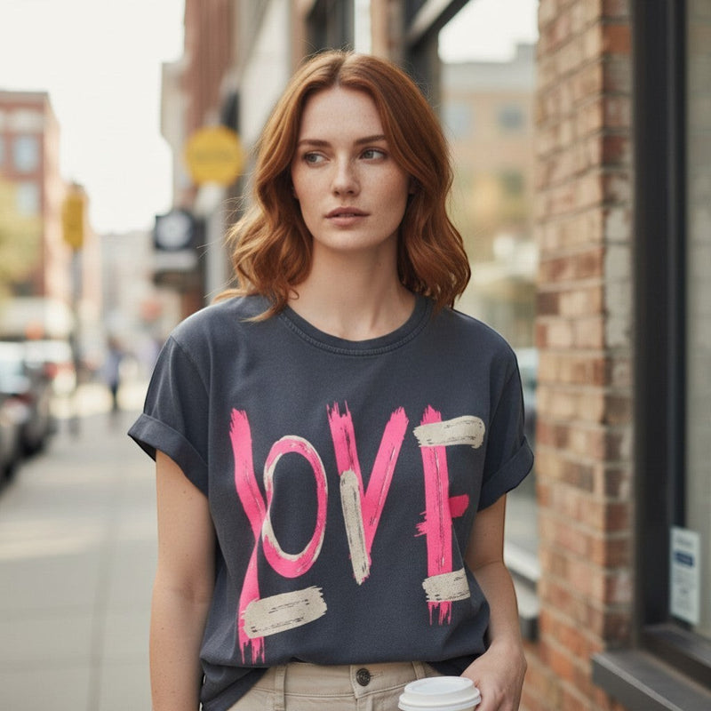 GRINE charcoal grey cotton t-shirt with pink and beige 'LOVE' graphic print, short sleeves, and rolled cuffs.