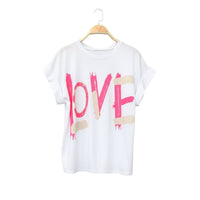 GRINE charcoal grey cotton t-shirt with pink and white 'LOVE' graphic print and short sleeves.
