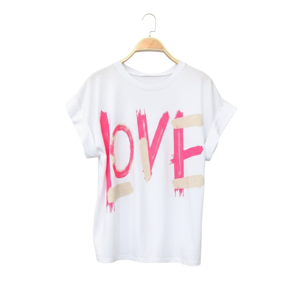 GRINE charcoal grey cotton t-shirt with pink and white 'LOVE' graphic print and short sleeves.