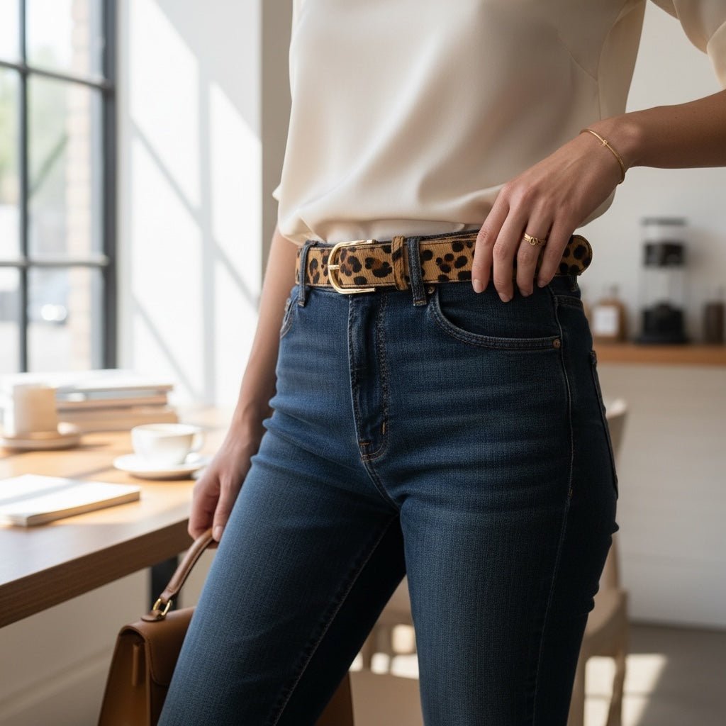 Cinto GRINE de couro com padrão leopardo e fivela dourada, usado com calças de ganga azul escuro