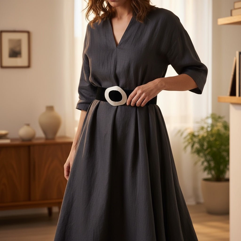 Cinto largo de camurça preto GRINE com fivela grande, usado por mulher com vestido cinzento em ambiente elegante.