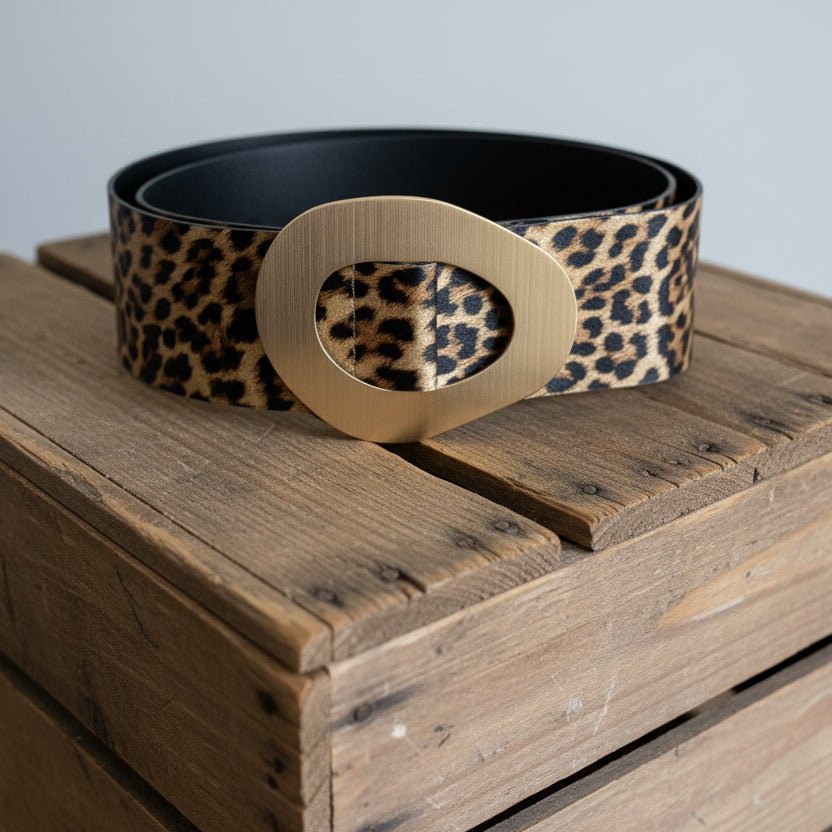 Cinto largo GRINE em pele com padrão leopardo e fivela oval dourada grande sobre caixa de madeira