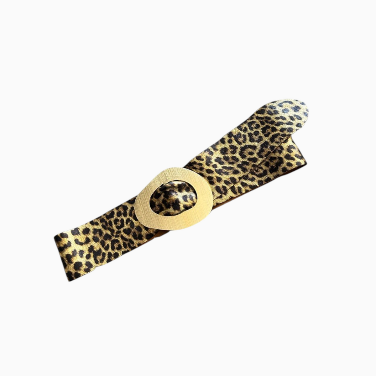 Cinto largo GRINE em pele com padrão de leopardo em tons dourados e fivela metálica oval grande