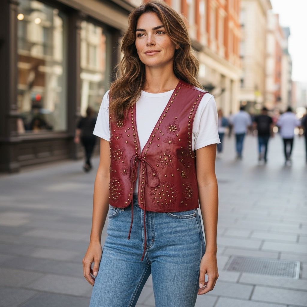 Mulher veste colete GRINE Chester em PU bordeaux com bordados e tachas douradas, fechado com atilho frontal.