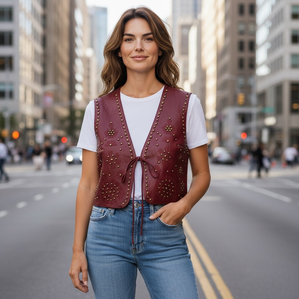 Mulher veste colete GRINE em PU bordeaux com bordados e tachas, fechado com atilho, em ambiente urbano.