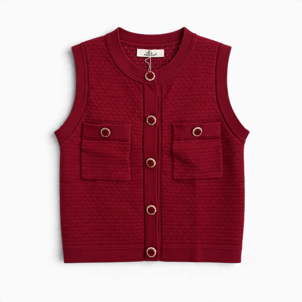 Colete de malha GRINE bordeaux com textura acolchoada, botões dourados trabalhados e dois bolsos frontais.