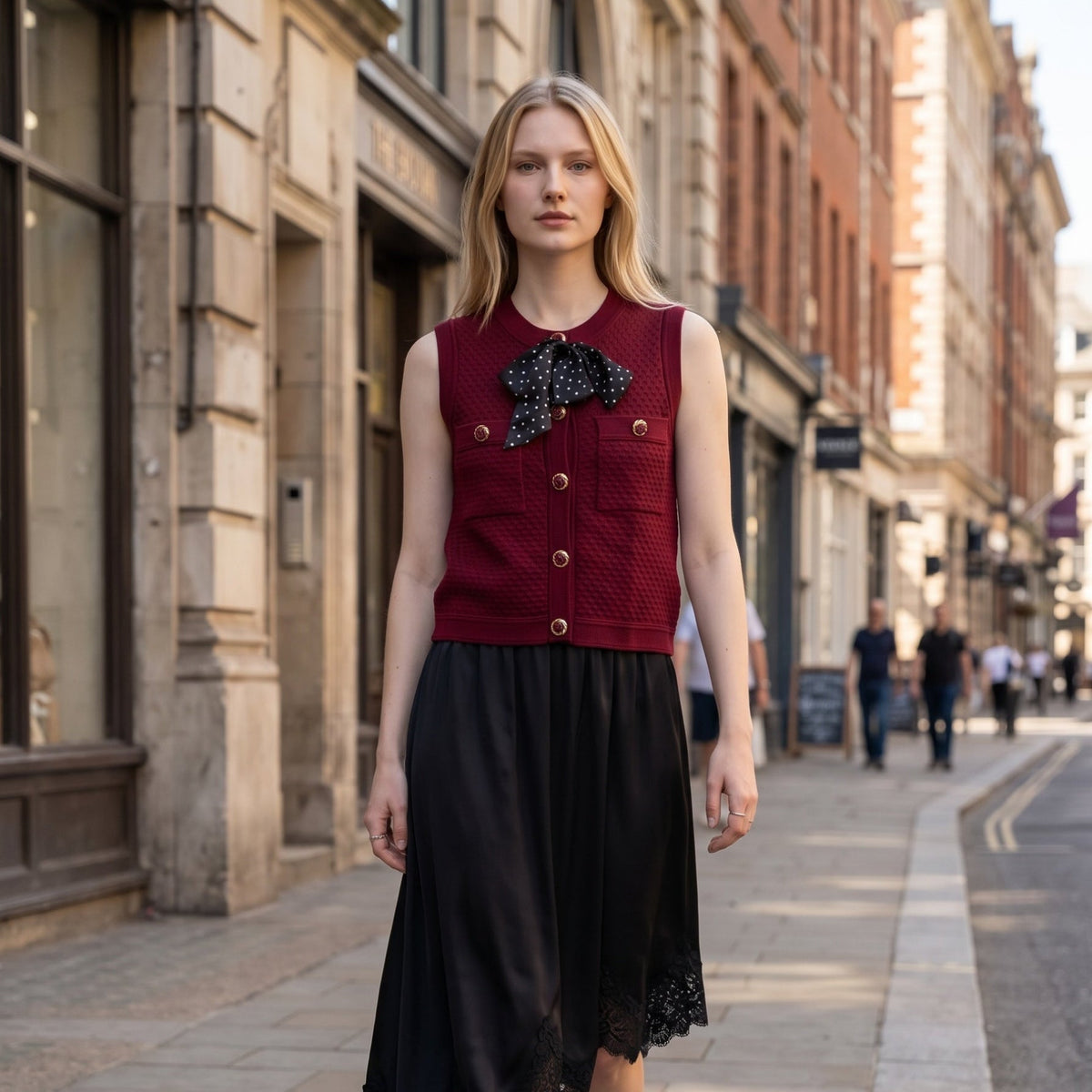 Modelo veste colete de malha GRINE bordeaux com botões dourados e pregadeira de laço às bolas numa rua urbana.