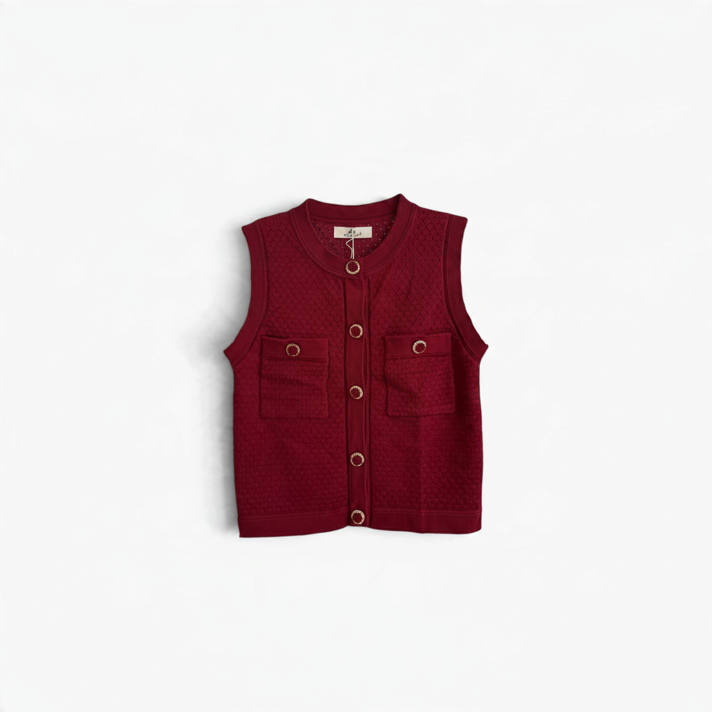 Colete de malha GRINE bordeaux com botões trabalhados e bolsos frontais, estilo clássico e confortável.