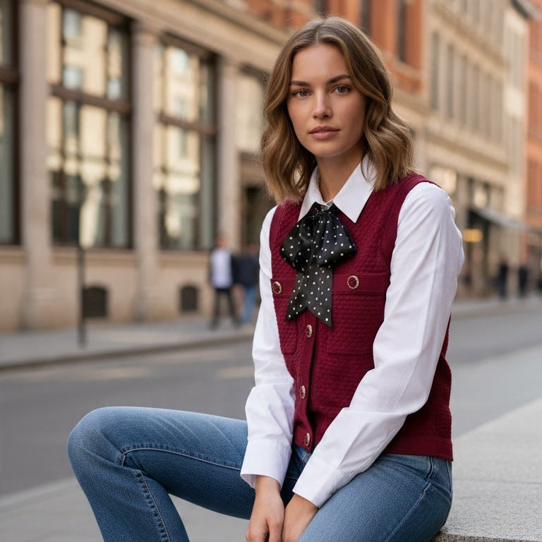 Modelo veste colete de malha bordeaux GRINE com botões trabalhados e pregadeira de laço preto com bolas brancas.