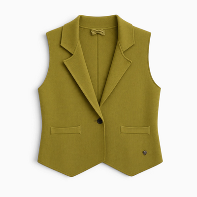 Colete de malha GRINE verde oliva com lapelas, fecho de um botão e detalhe de coração metálico na bainha.