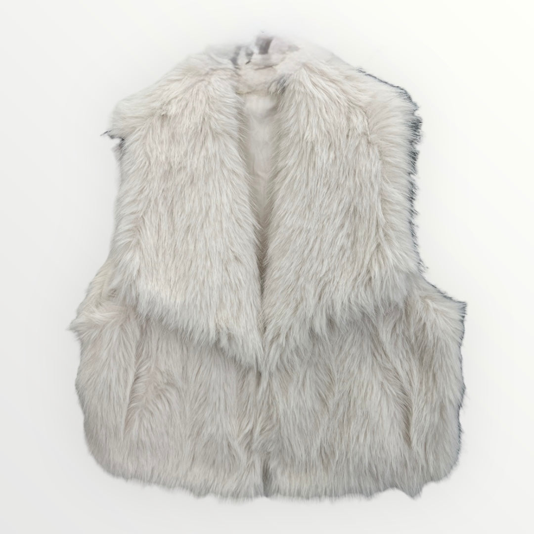 Colete de pêlo sintético bege GRINE com gola larga, peça elegante e quente para looks sofisticados